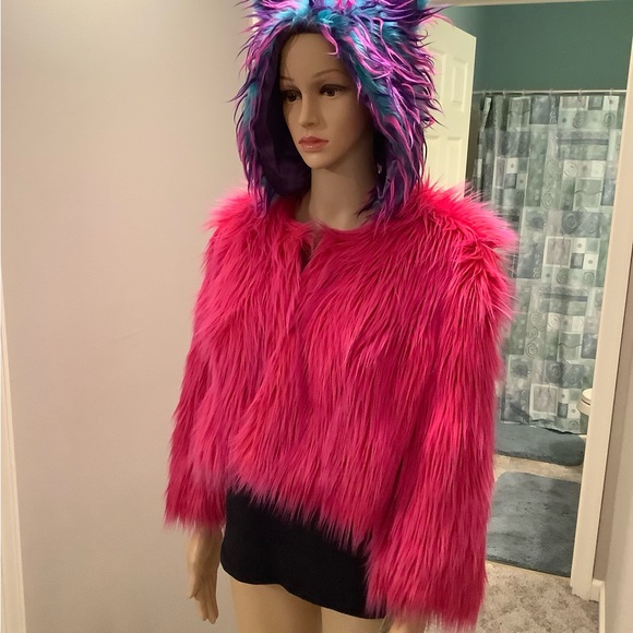 INC Hot Pink Faux Fur Rave Punk Glam Crop Bolero Jacket Size Large - Picture 5 of 15